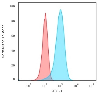 Flow Cytometric Analysis of T98G cells using Pgp9.5 / UchL1 Mouse Monoclonal Antibody (31A3) followed by Goat anti-Mouse IgG-CF488 (Blue); Isotype Control (Red).